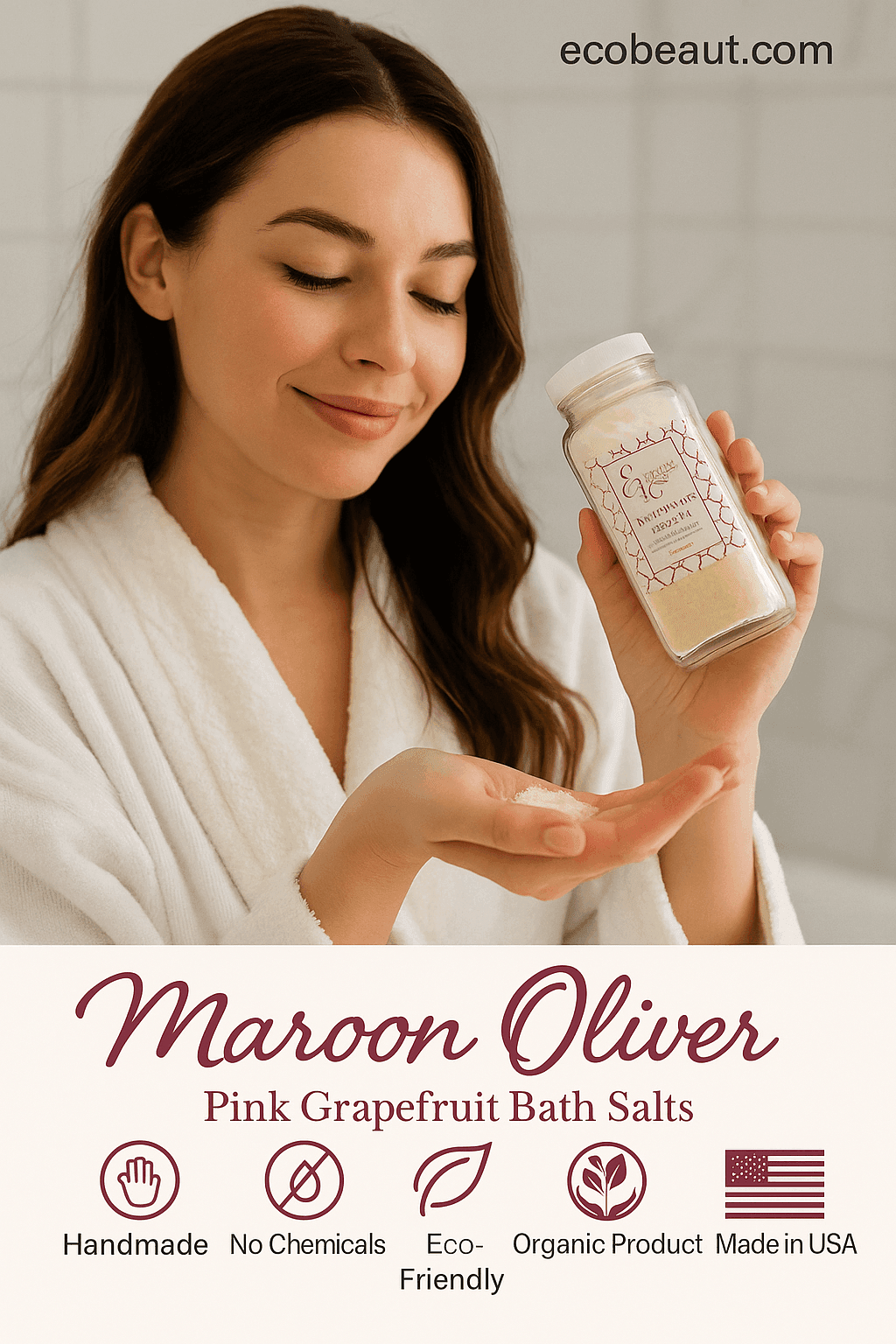Young woman enjoying Maroon Oliver Pink Grapefruit Bath Salts – relaxing organic soak, handmade and eco-friendly
