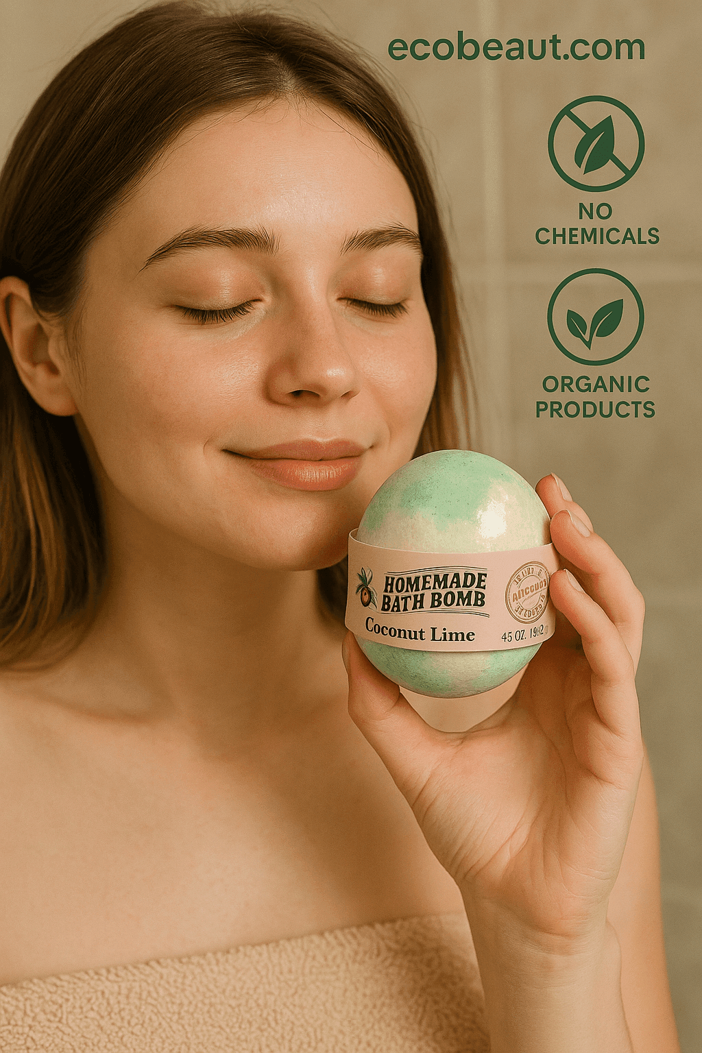 Young woman holding Coconut Lime bath bomb close to her face with closed eyes, labeled 'No Chemicals' and 'Organic Products' – ecobeaut.com
