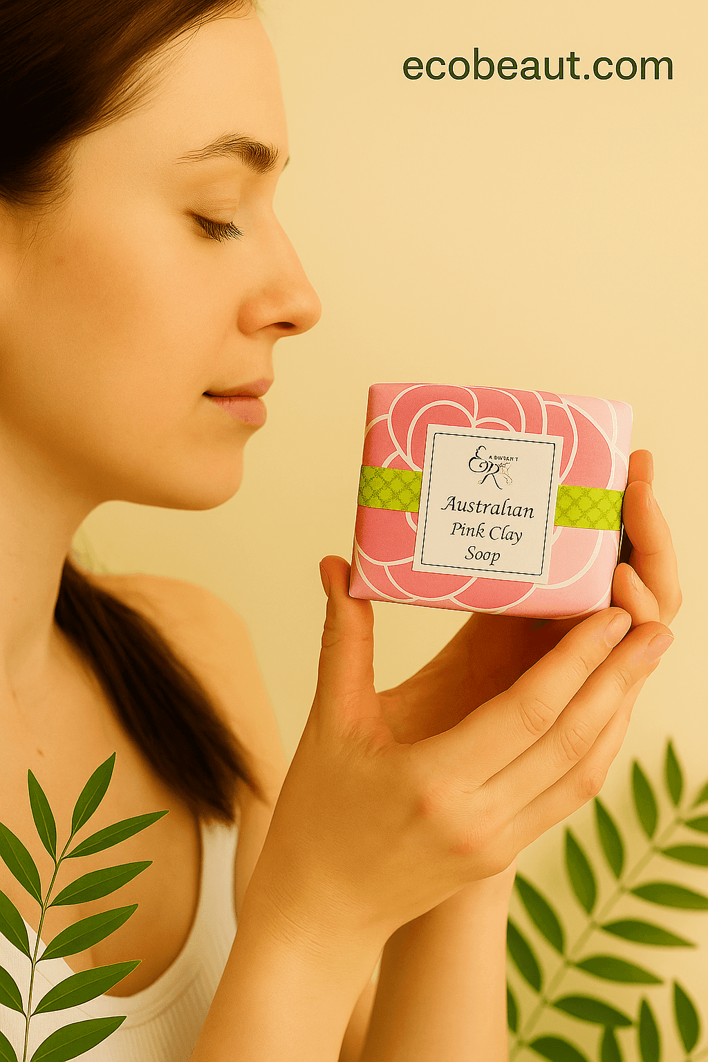 Young woman holding a bar of Australian Pink Clay Soap by Elegant Rose near her face with eyes closed, surrounded by green leaves and ecobeaut.com displayed in the top right corner.