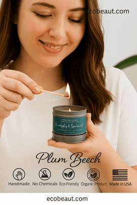 Young woman lighting Plum Beech eucalyptus soy candle — Handmade, Eco-Friendly, Organic Product, Made in USA — product in use on ecobeaut.com