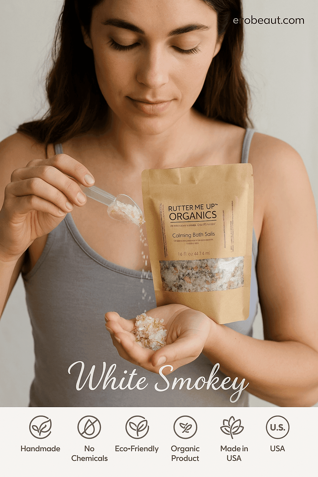 Young woman relaxing in a bath with organic calming bath salts – labeled "White Smokey" – Handmade, No Chemicals, Eco-Friendly, Organic Product, Made in USA – ecobeaut.com