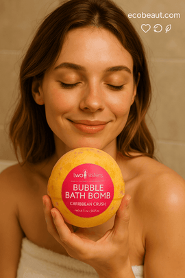 Young woman relaxing in bathtub using Caribbean Crush Bubble Bath Bomb – tropical scented bath experience by ecobeaut.com