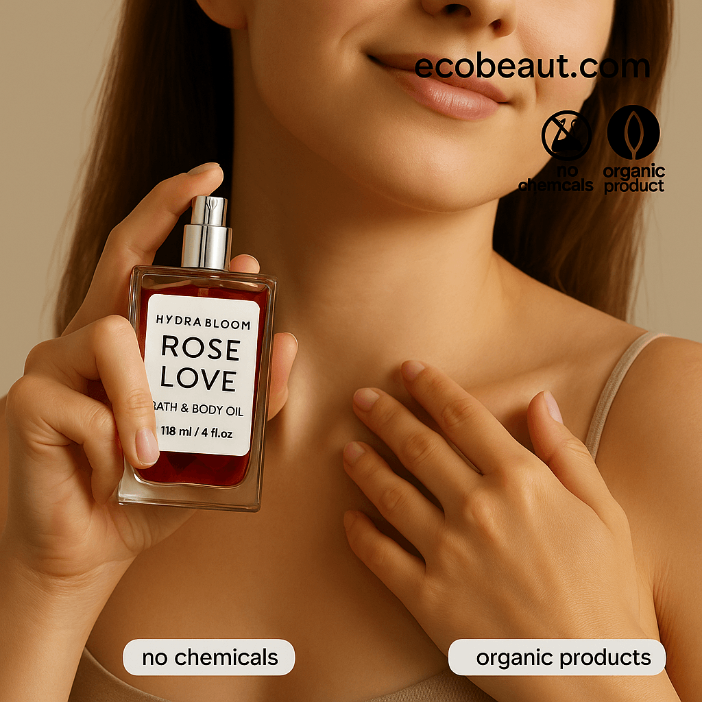 Young woman smiling while applying HYDRA BLOOM ROSE LOVE Bath & Body Oil to her neck, holding a clear glass bottle with red oil and silver spray cap; eco-friendly labels "no chemicals", "organic products", and ecobeaut.com displayed in the top right corner