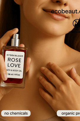 Young woman smiling while applying HYDRA BLOOM ROSE LOVE Bath & Body Oil to her neck, holding a clear glass bottle with red oil and silver spray cap; eco-friendly labels "no chemicals", "organic products", and ecobeaut.com displayed in the top right corner