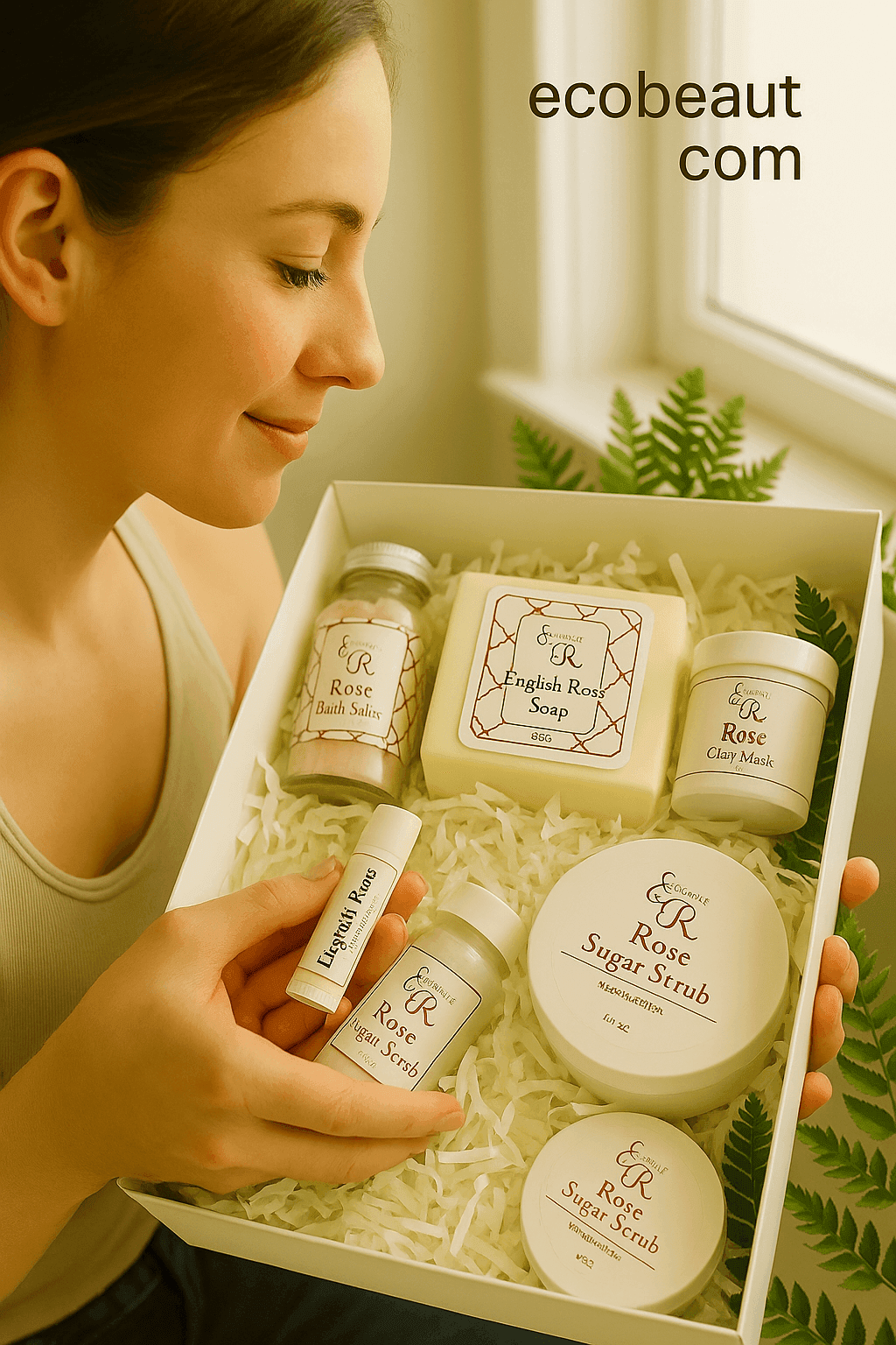 Young woman smiling while holding an Elegant Rose gift box filled with rose-scented skincare products, surrounded by green fern leaves with ecobeaut.com written in the top right corner.





