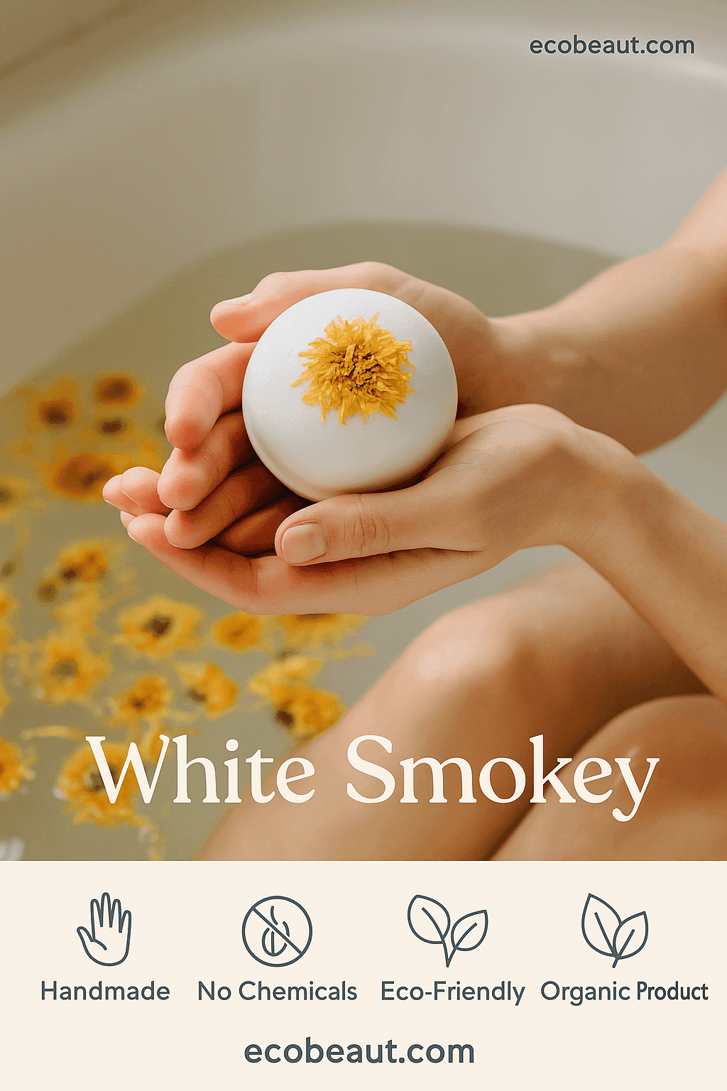 Young woman using White Smokey organic bath bomb in relaxing bath – handmade, no chemicals, eco-friendly, made in USA – ecobeaut.com