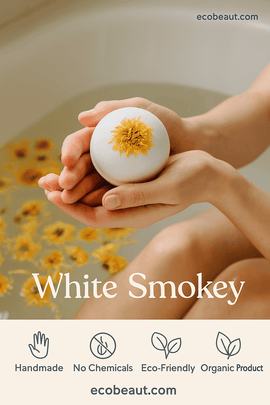 Young woman using White Smokey organic bath bomb in relaxing bath – handmade, no chemicals, eco-friendly, made in USA – ecobeaut.com