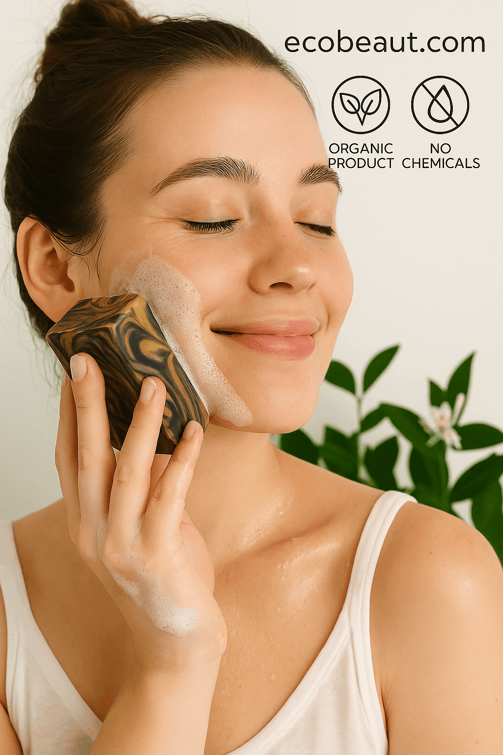 Young woman using artisan honeysuckle soap on her face, smiling with eyes closed, showing foam and clean skin, with ecobeaut.com, “ORGANIC PRODUCT,” and “NO CHEMICALS” icons in the top right corner.