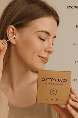 Young woman using eco-friendly cotton buds for personal care – sustainable grooming with organic product from ecobeaut.com