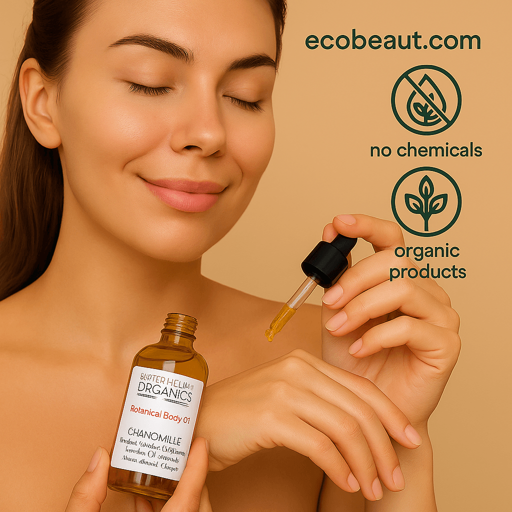 Young woman with a soft smile applying Butter Me Up Organics Botanical Body Oil to her hand using a dropper, holding the amber bottle, with ecobeaut.com, no chemicals, and organic products icons in the top right corner on a warm beige background








