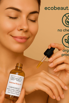 Young woman with a soft smile applying Butter Me Up Organics Botanical Body Oil to her hand using a dropper, holding the amber bottle, with ecobeaut.com, no chemicals, and organic products icons in the top right corner on a warm beige background








