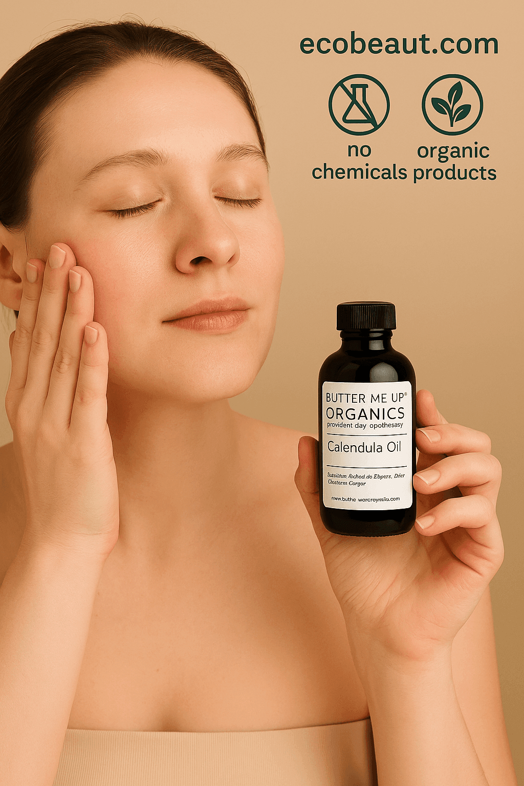 Young woman with light skin applying Butter Me Up Organics Calendula Oil to her face, holding a dark amber bottle, with ecobeaut.com and eco-label icons for no chemicals and organic products in the top right corner against a neutral beige background








