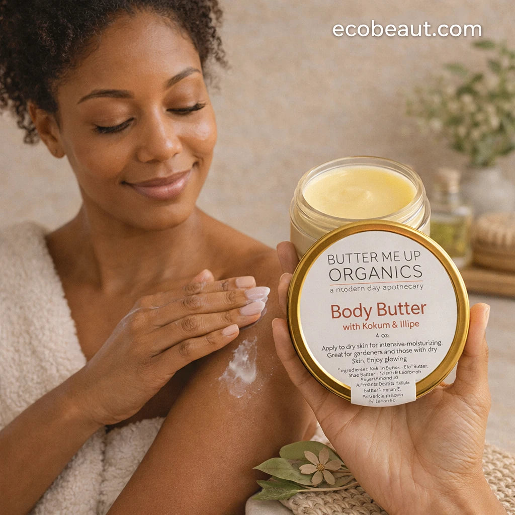Woman applying body butter to her arm with a jar of Butter Me Up Organics Body Butter.