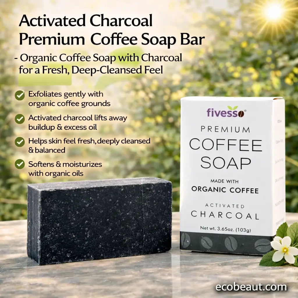 Activated Charcoal Premium Coffee Soap Bar with packaging on a wooden surface with a blurred natural background