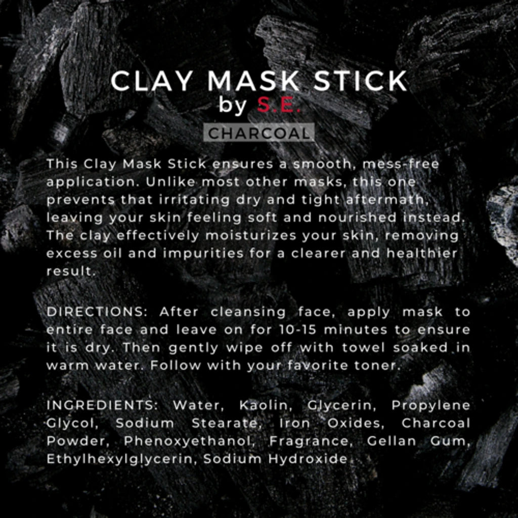 Charcoal clay mask stick packaging with text on a dark background