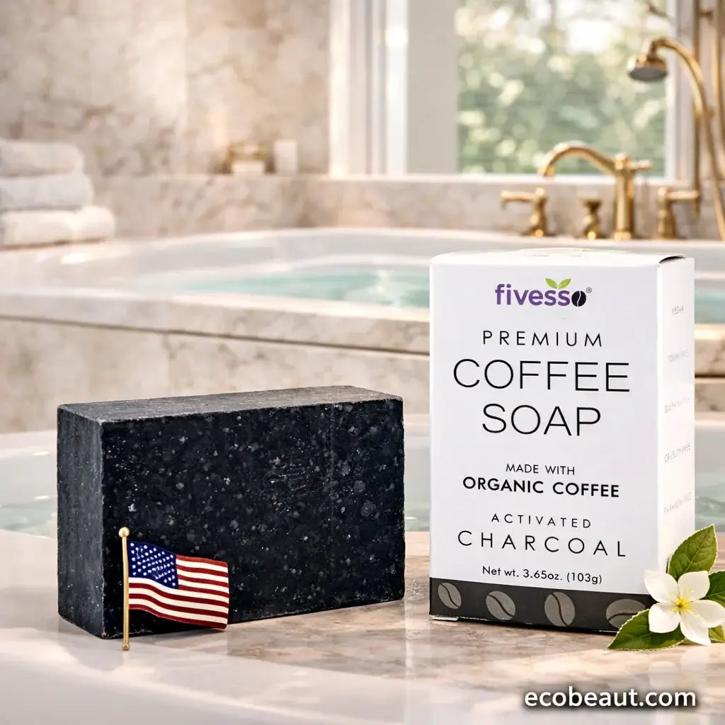 Bar of coffee soap with packaging on a bathroom counter