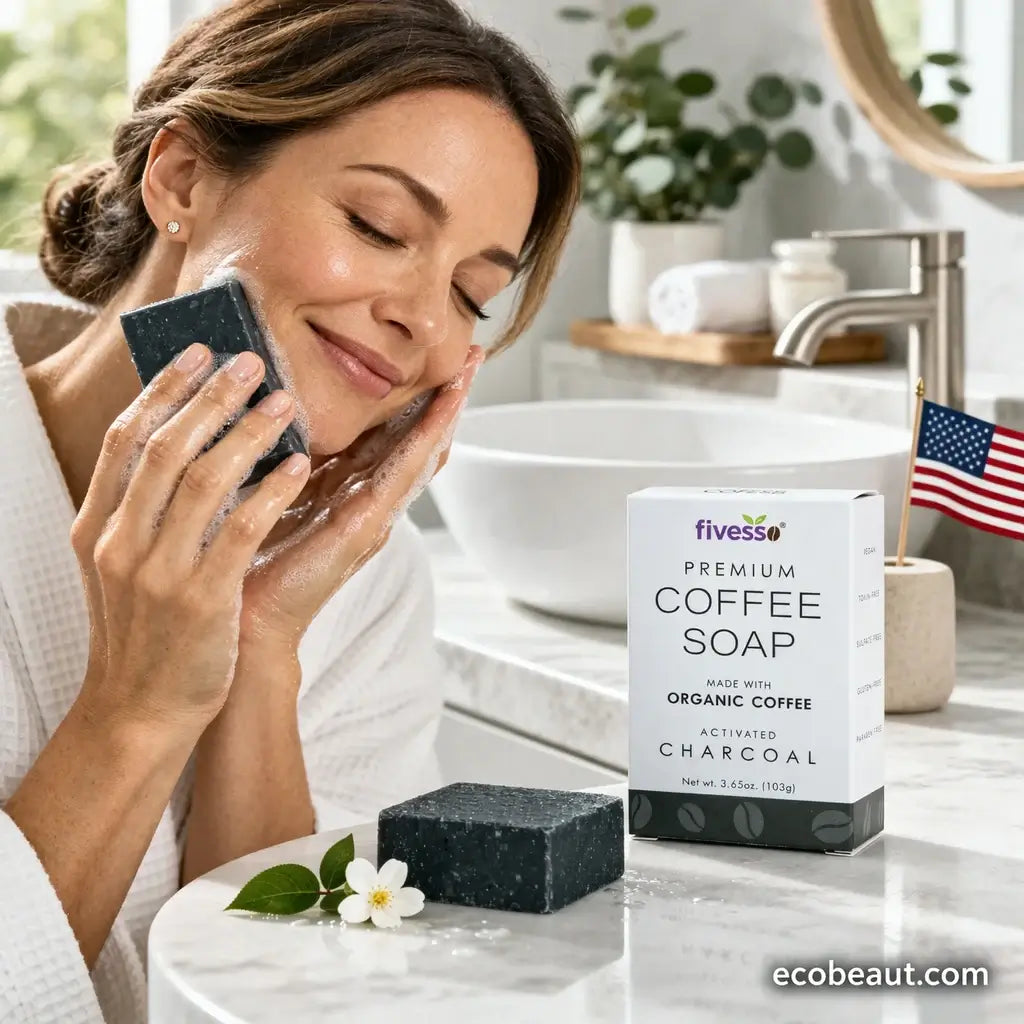 Woman using fivesso coffee soap in a bathroom setting with the product packaging displayed.