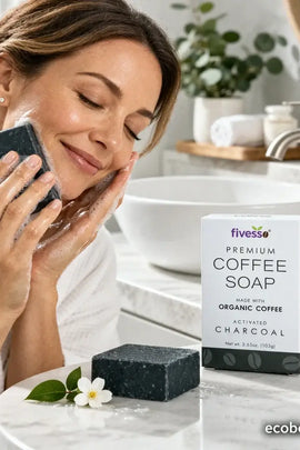 Woman using fivesso coffee soap in a bathroom setting with the product packaging displayed.