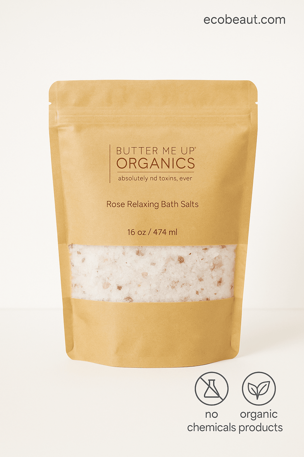 eautifully staged Organic Rose Bath Salts in kraft paper packaging surrounded by greenery and incense for a calm, spa-like atmosphere | ecobeaut.com