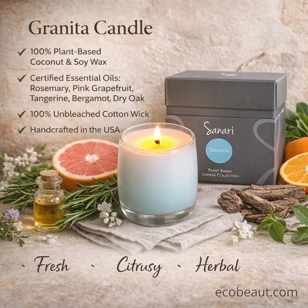 Granita Candle with essential oil bottle, citrus fruits, and herbs on a wooden surface.