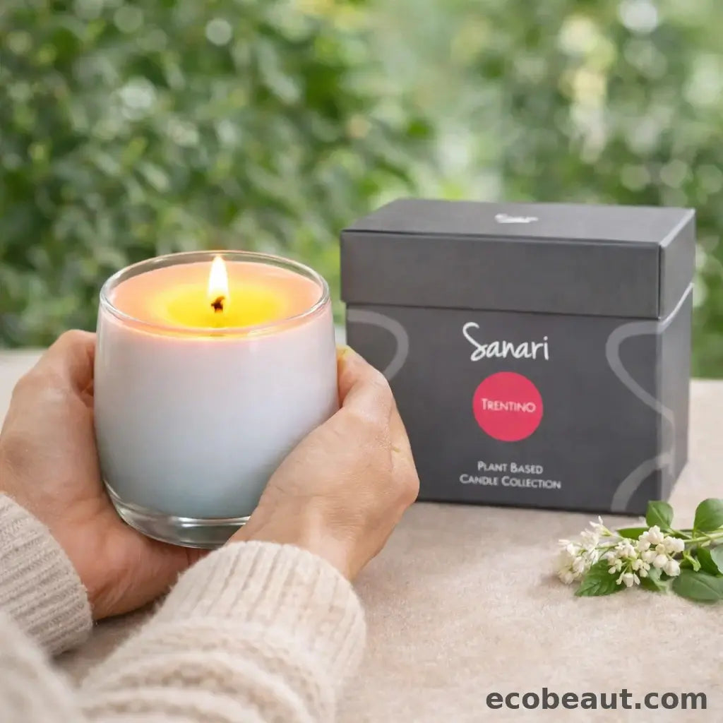 Hand holding a lit candle next to a Sanari product box with a blurred green background