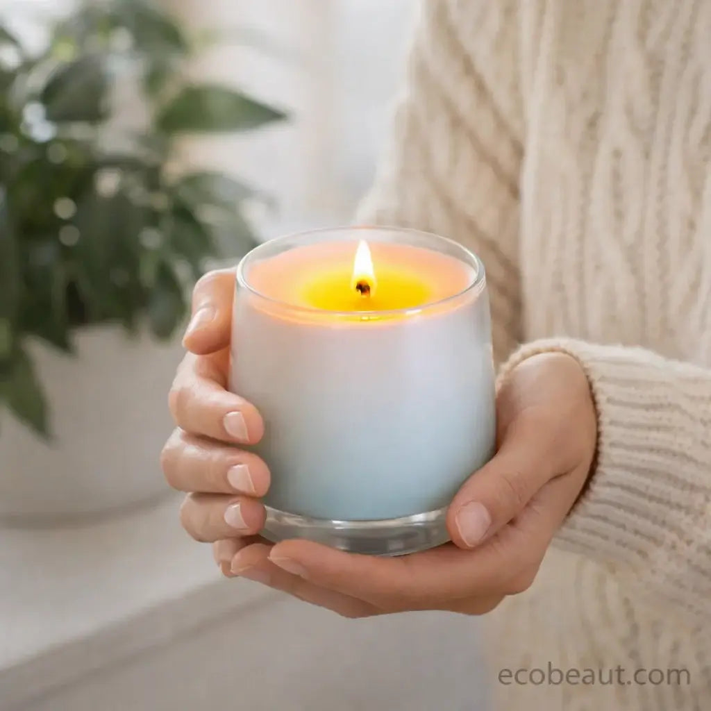 Person holding a lit candle in a light blue holder with a blurred background
