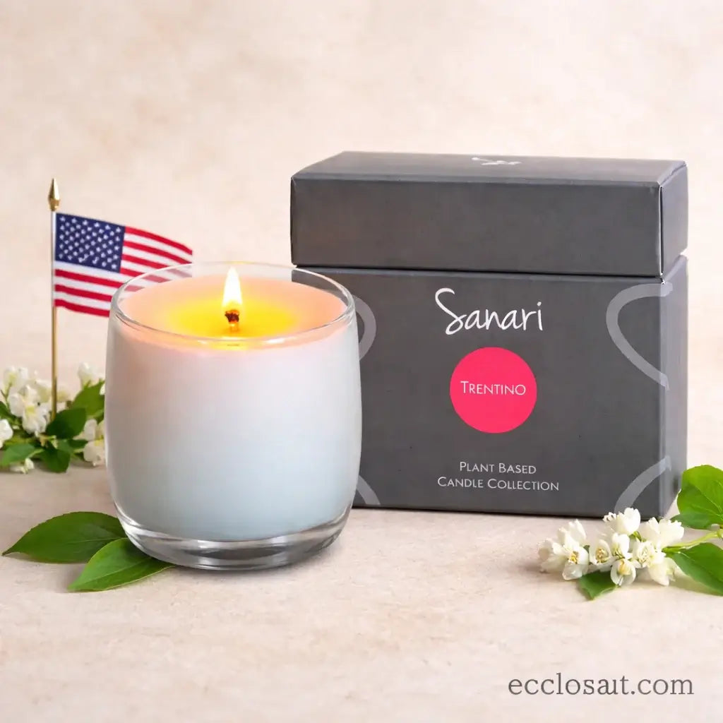 Sanari candle with packaging and flowers on a light background