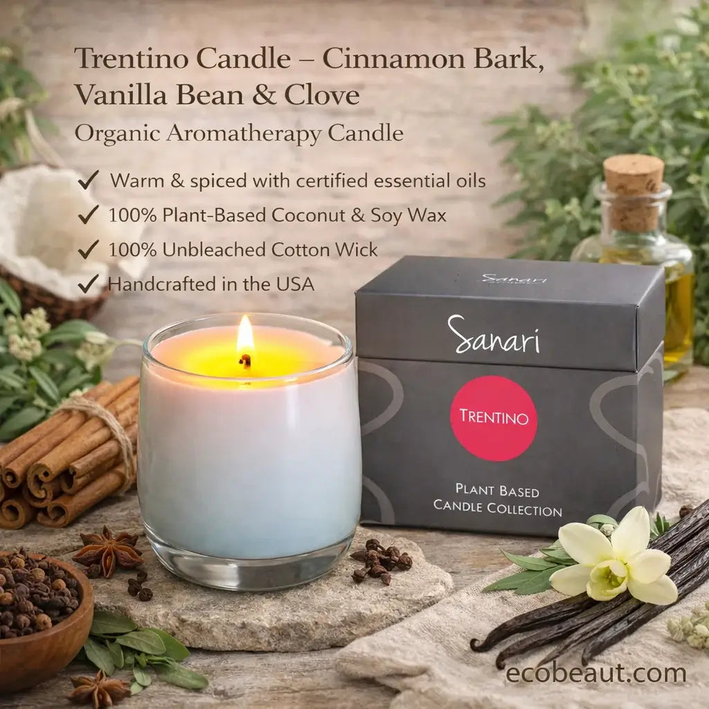 Trentino Candle with packaging on a rustic background featuring cinnamon, vanilla beans, and clove.