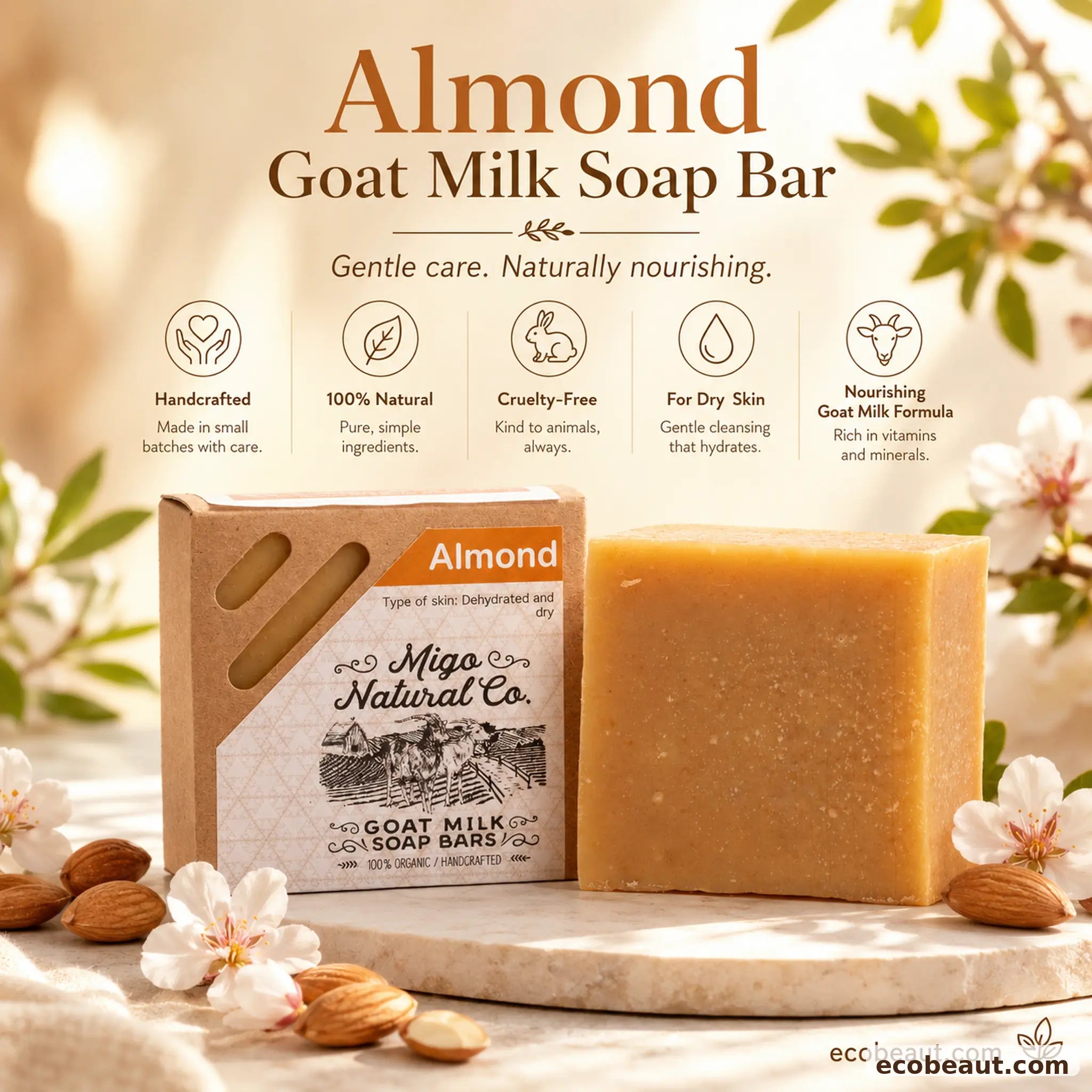 Almond Goat Milk Soap Bar by Migo Natural Co. shown as a rectangular bar of golden almond-colored soap next to its kraft paper packaging box, set on a marble surface with almonds and white flowers, under a warm bokeh background with product feature icons.