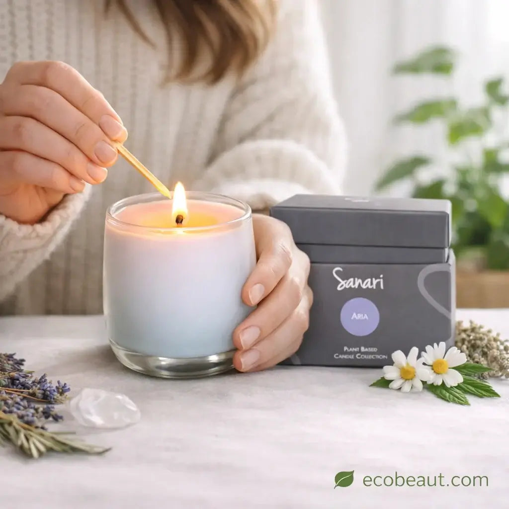 Person lighting a candle with 'Sanari' packaging in the background, surrounded by flowers and plants.