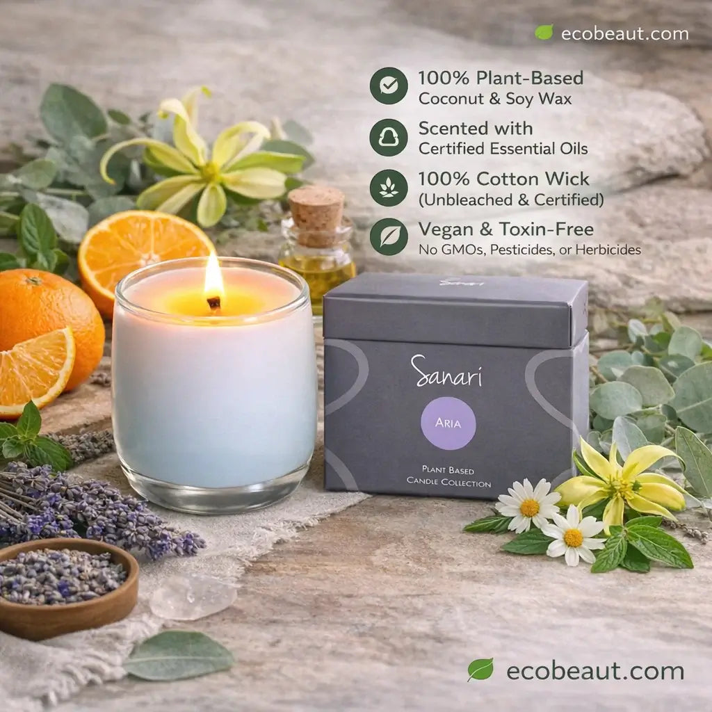 Sanari candle with packaging on a wooden surface with natural elements
