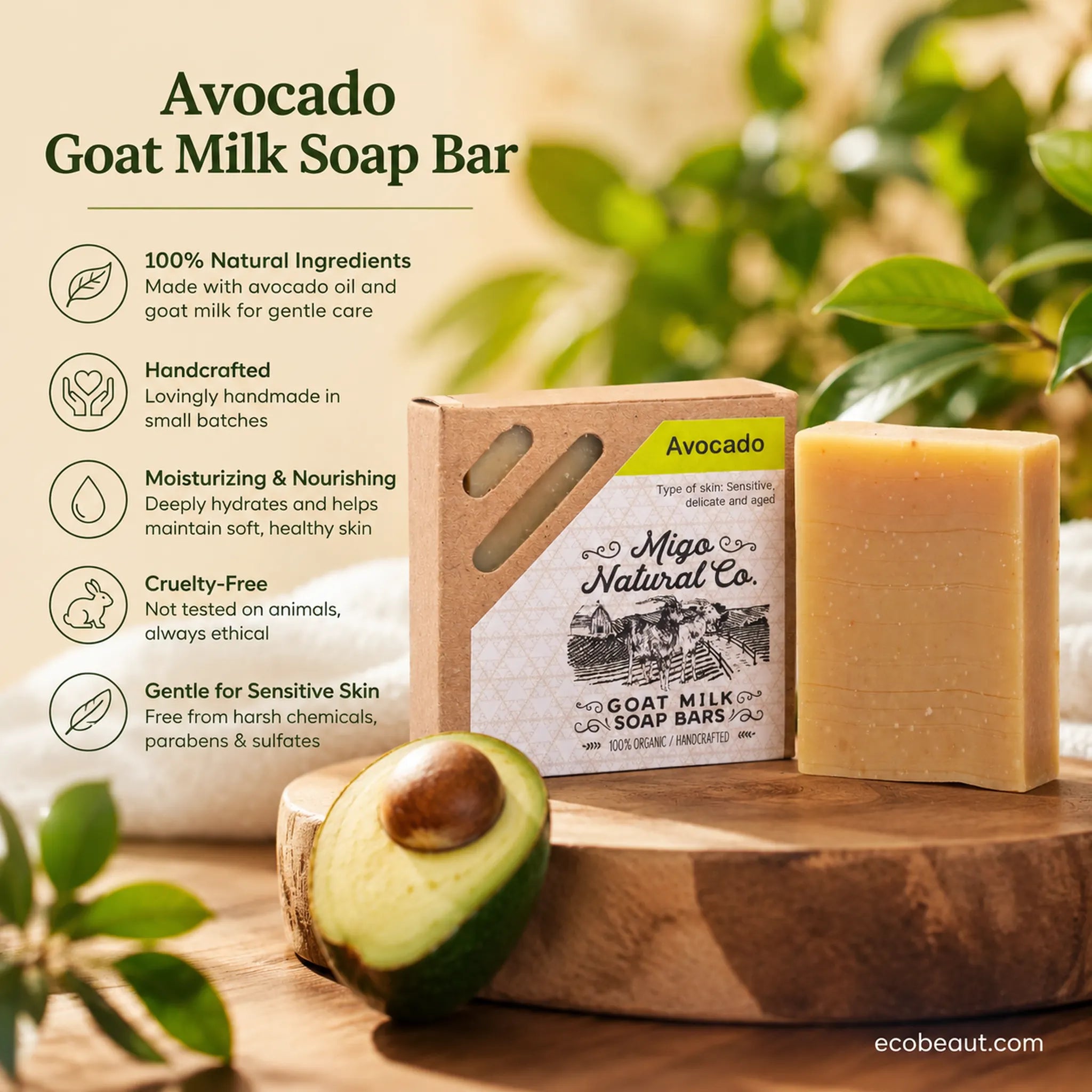 Avocado Goat Milk Soap Bar by Miga Natural Co. shown with its kraft paper packaging box, a bar of soap, and a cut avocado on a wooden surface with green leaves in the background.