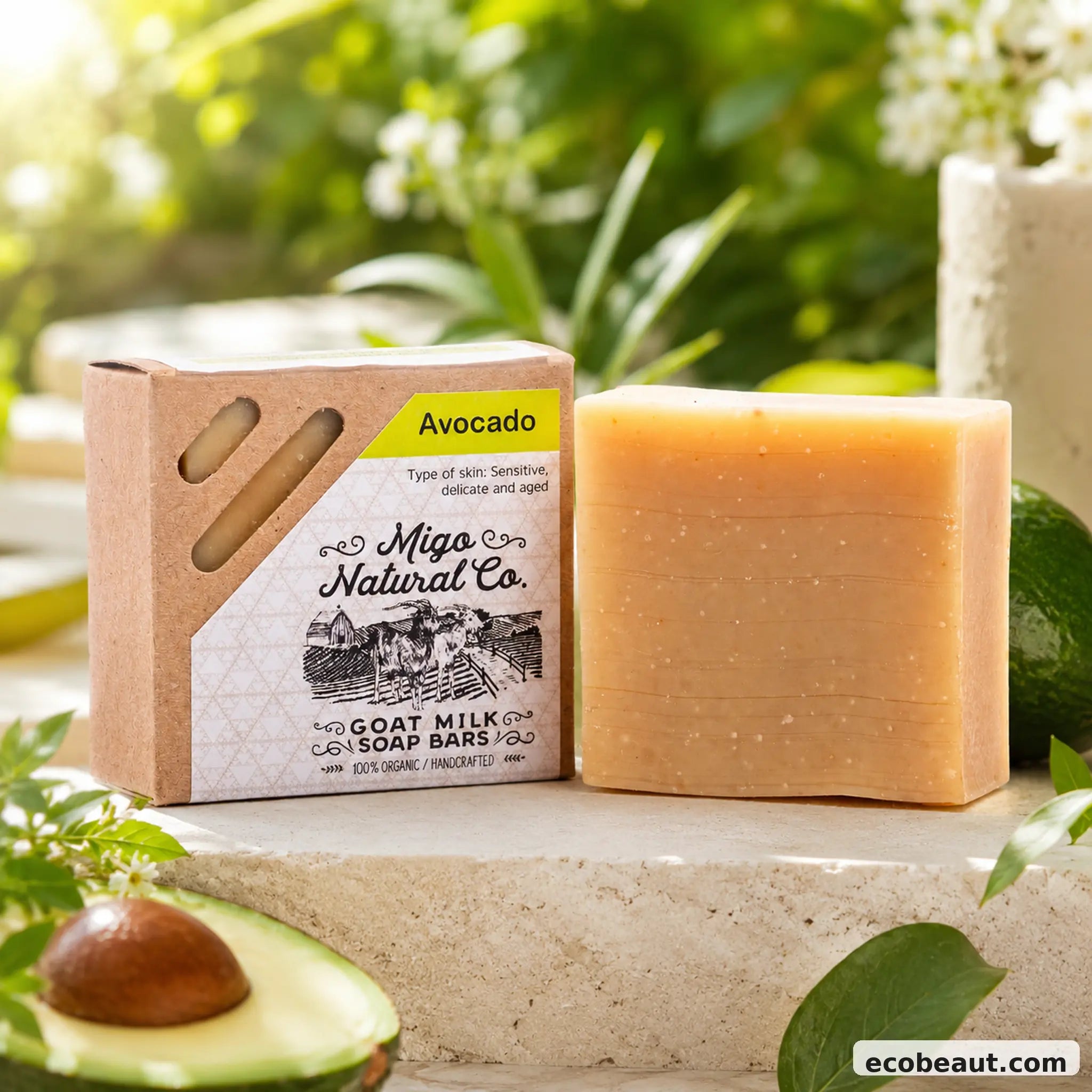 A bar of Miga Natural Co. Goat Milk Soap Bars in the Avocado scent, shown next to its kraft paper packaging box.
