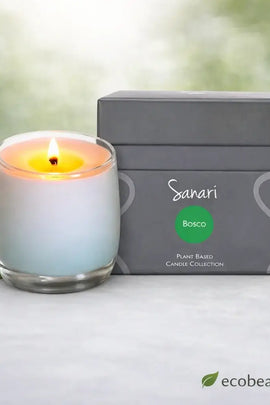 Sanari Bosco candle with a gray box and green leaf on a white surface