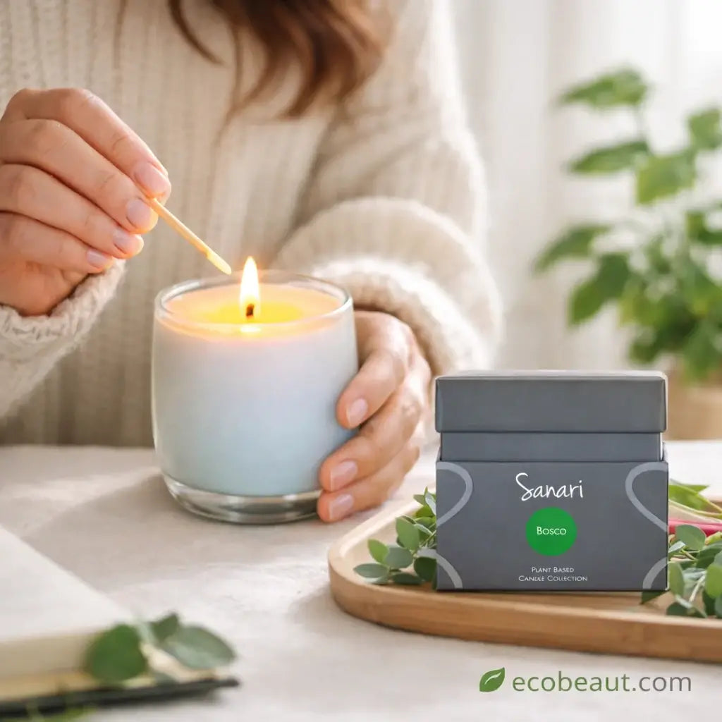 Person lighting a candle with a 'Sanari' product in the background on a table.