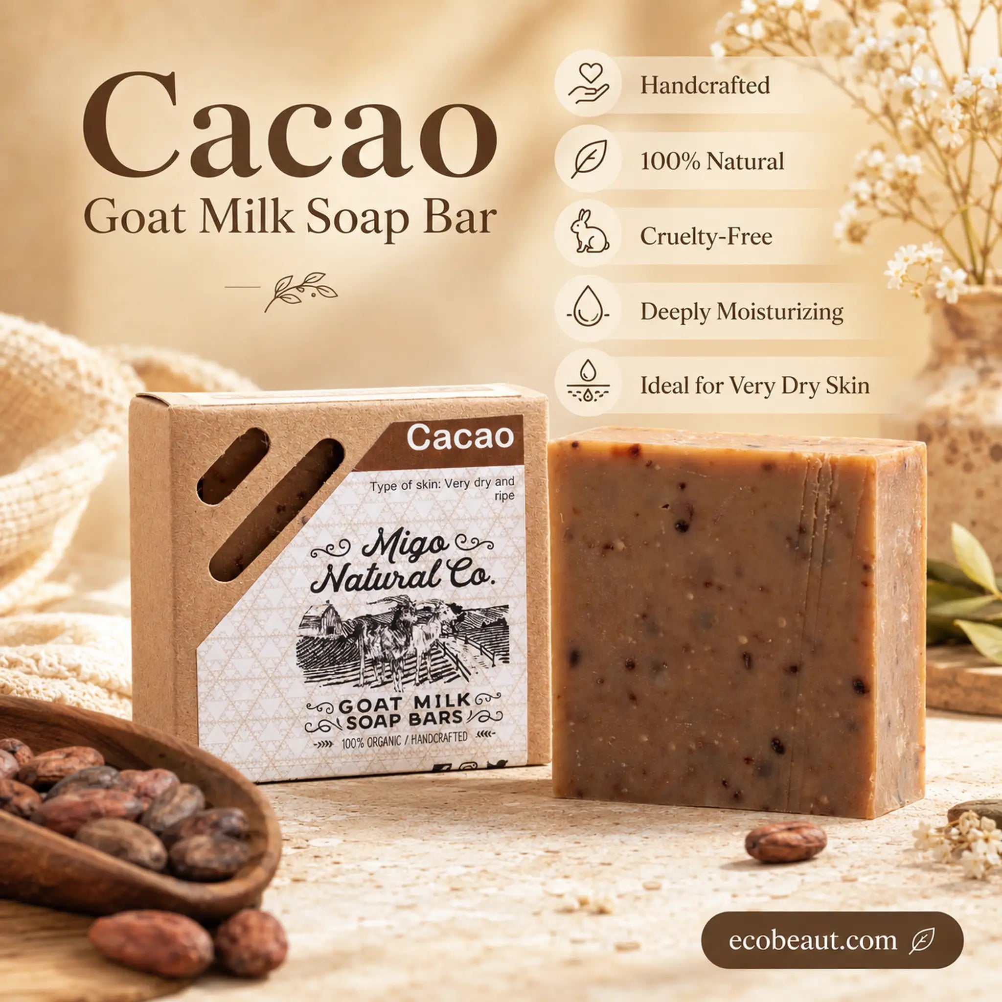 Cacao Goat Milk Soap Bar by Miga Natural Co. shown with its kraft paper packaging box and a rectangular bar of soap beside it.