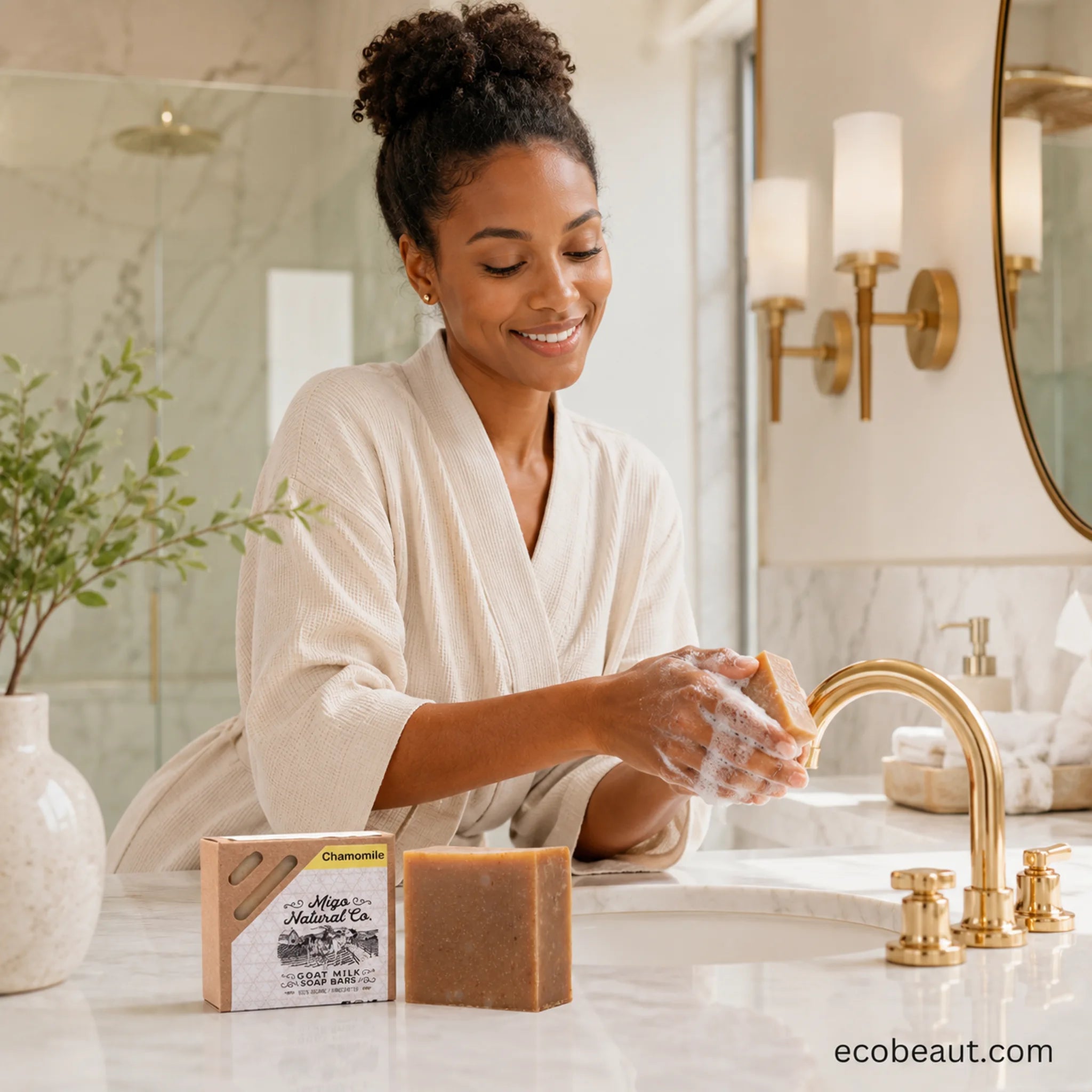 A woman in a cream bathrobe washes her hands at a marble bathroom sink, with a bar of soap and its packaging box in the foreground. The box is labeled 'Charmeroi' and 'Natural Co.