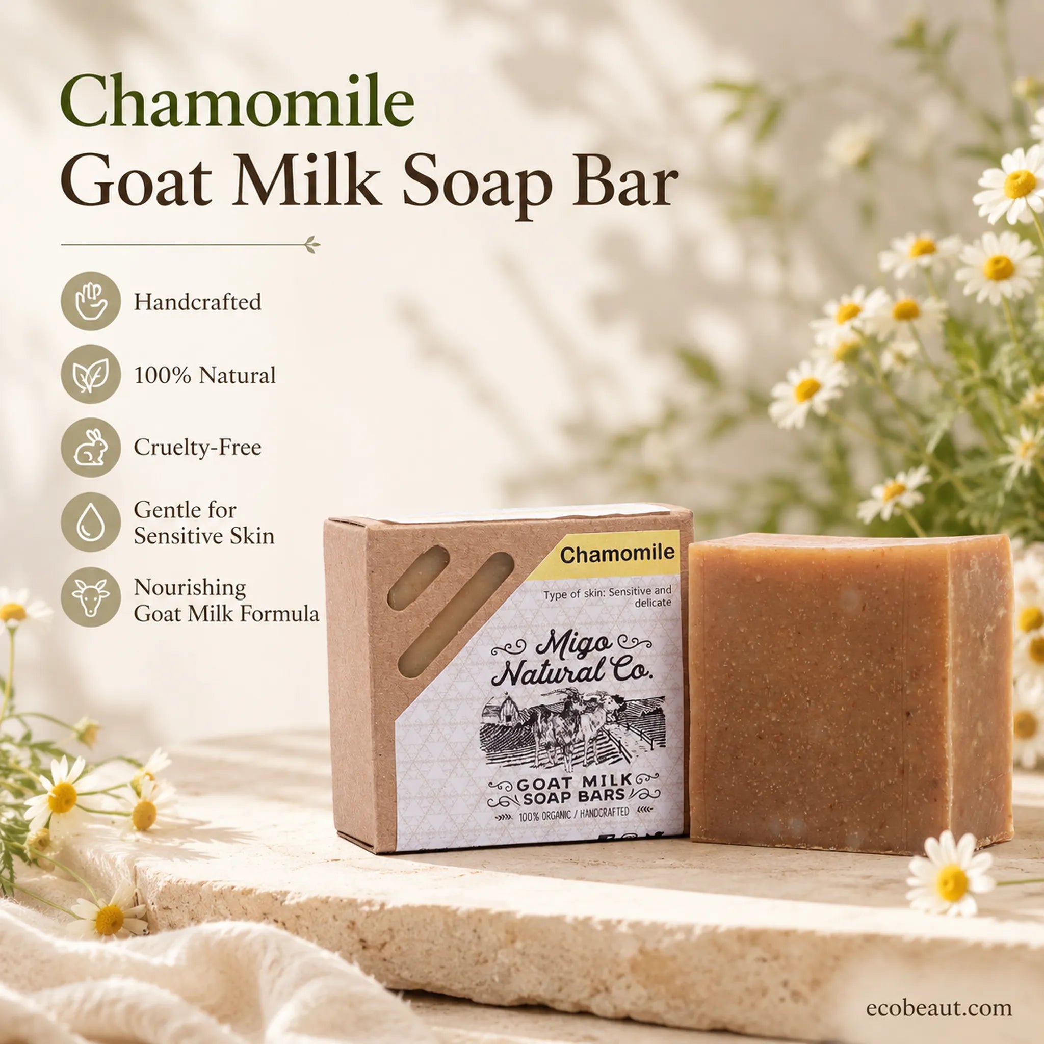 Chamomile Goat Milk Soap Bar by Miga Natural Co. shown as a rectangular brown soap bar beside its kraft paper box, set on a stone slab with chamomile flowers and soft warm lighting.