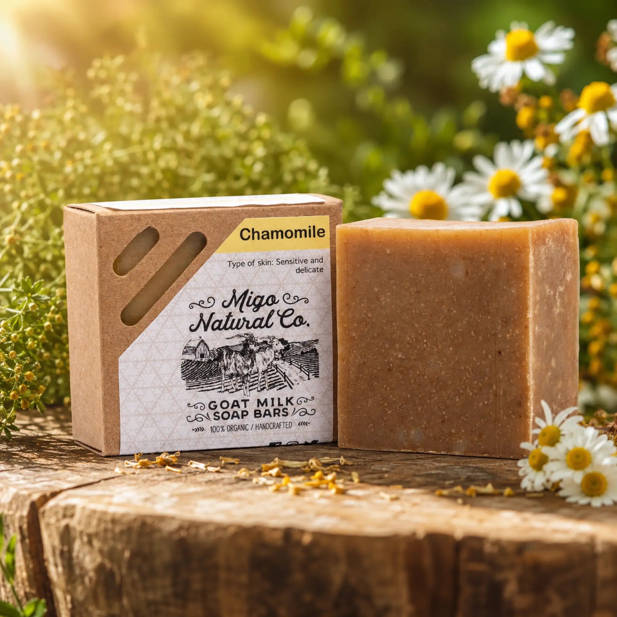 A bar of chamomile soap next to its kraft paper packaging box, styled on a rustic wooden log with daisies and green foliage in the background.