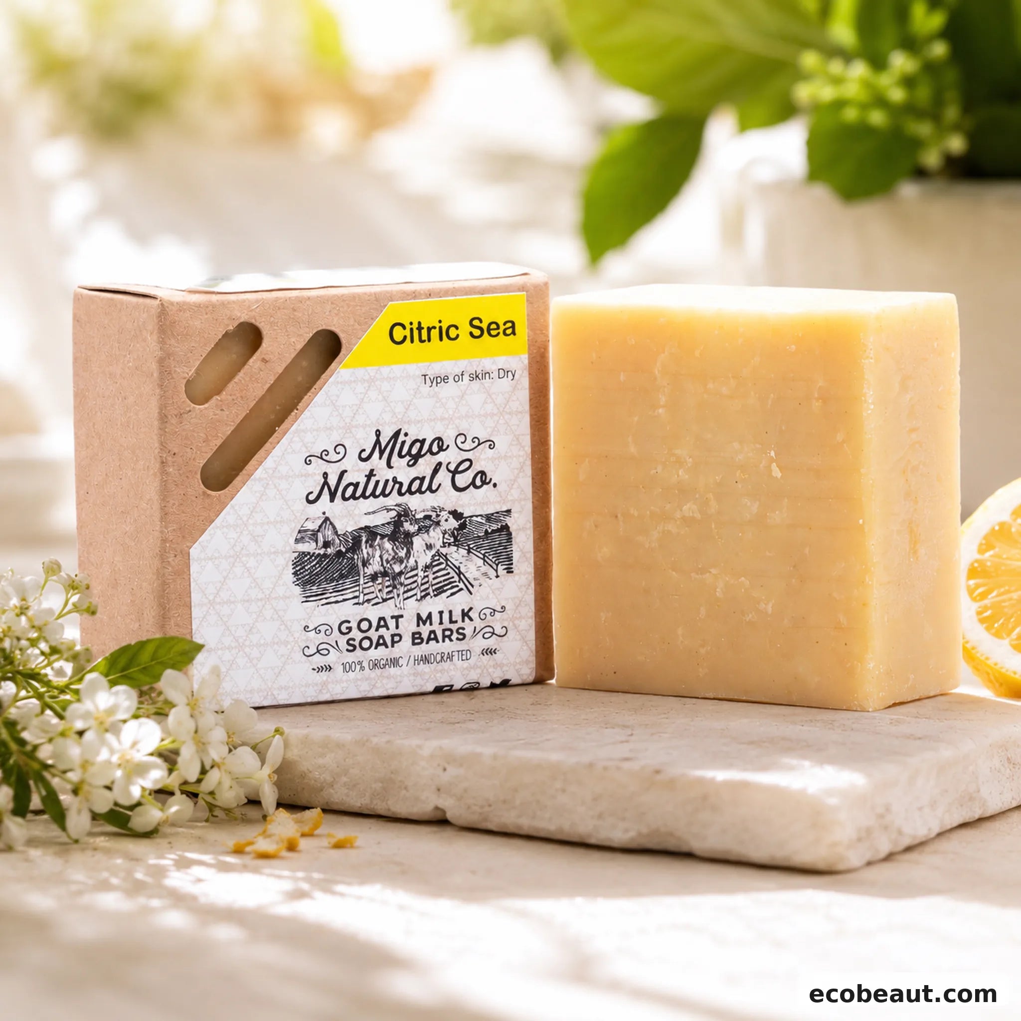 A bar of Citric Sea goat milk soap by Migo Natural Co. stands next to its kraft paper packaging box on a light stone surface, with soft-focus greenery and white flowers in the background.