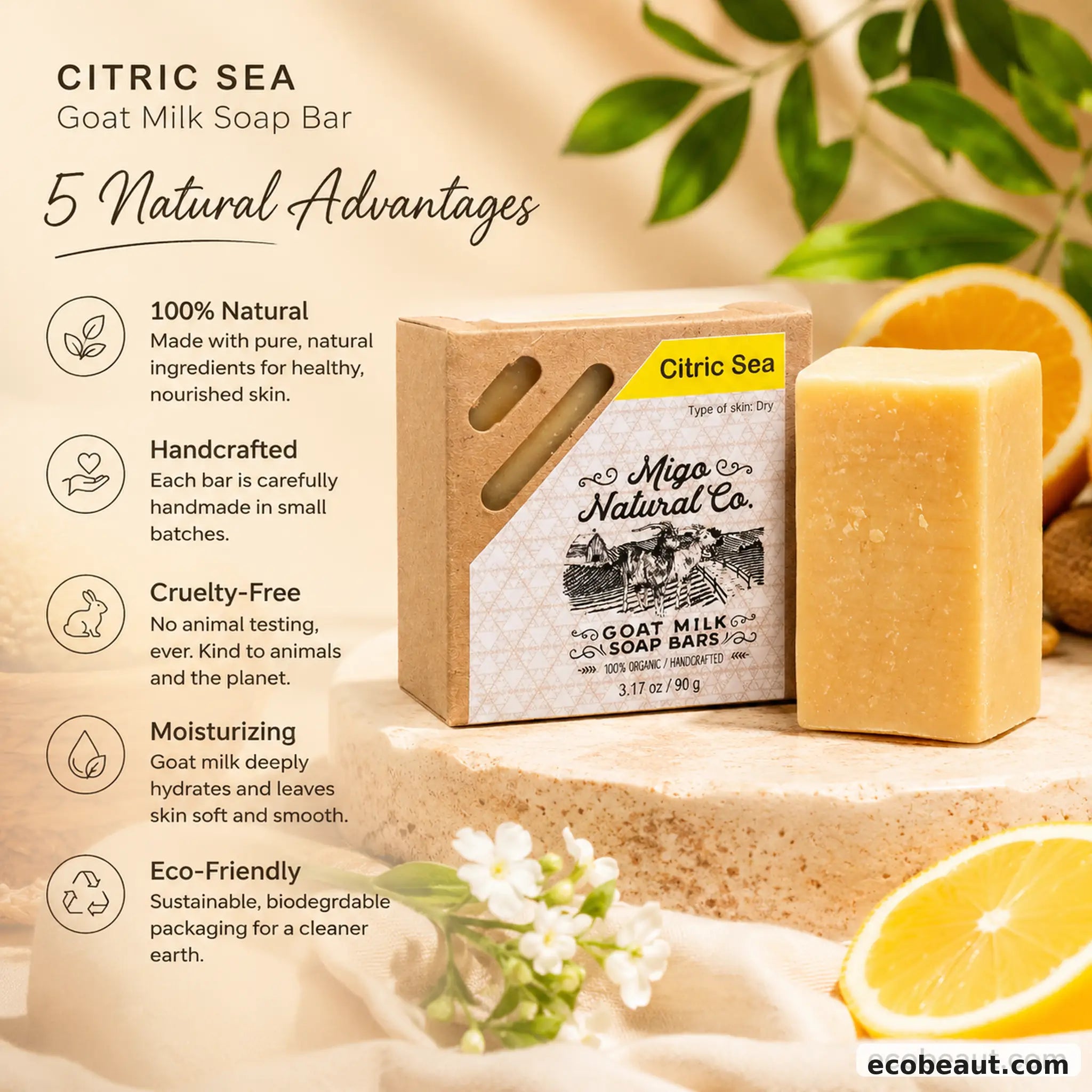 Citric Sea Goat Milk Soap Bar by Migo Natural Co. shown next to its kraft paper packaging box, with text overlays detailing five natural advantages and styled with citrus slices and green leaves on a warm beige background.