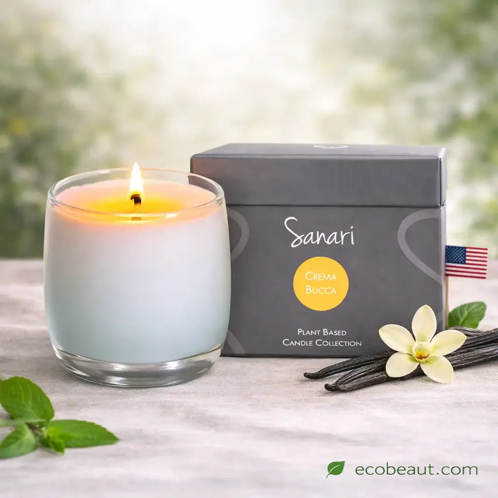 Sanari candle with packaging and vanilla beans on a light surface