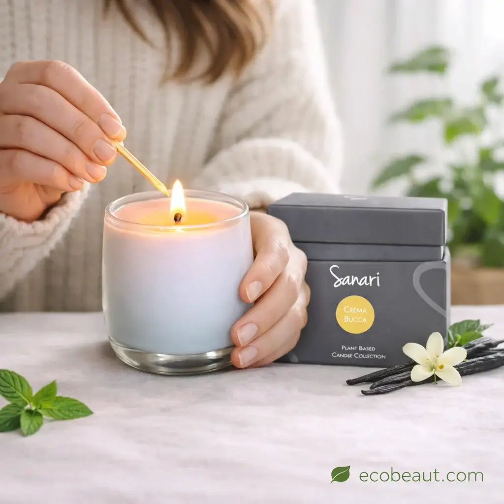 Person lighting a candle with 'Sanari' packaging in the background, featuring 'ecobeaut.com'.