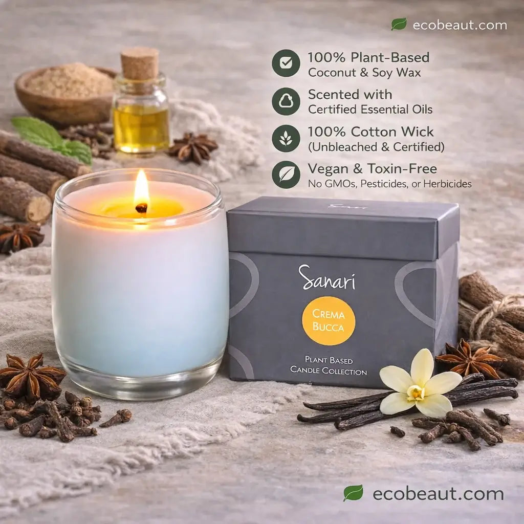 Sanari candle with packaging on a wooden surface with vanilla beans and star anise.
