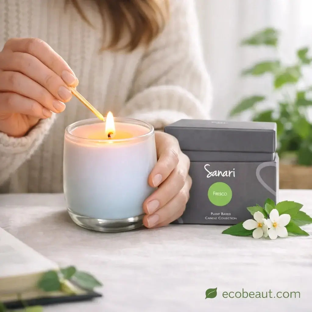 Person lighting a candle with a Sanari branded box in the background