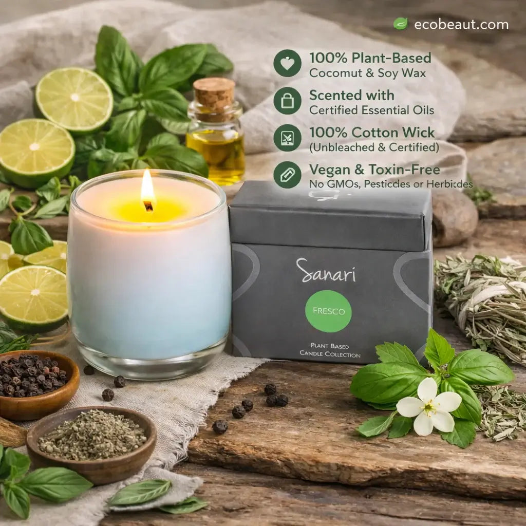 Sanari candle with packaging on a wooden surface with herbs and limes