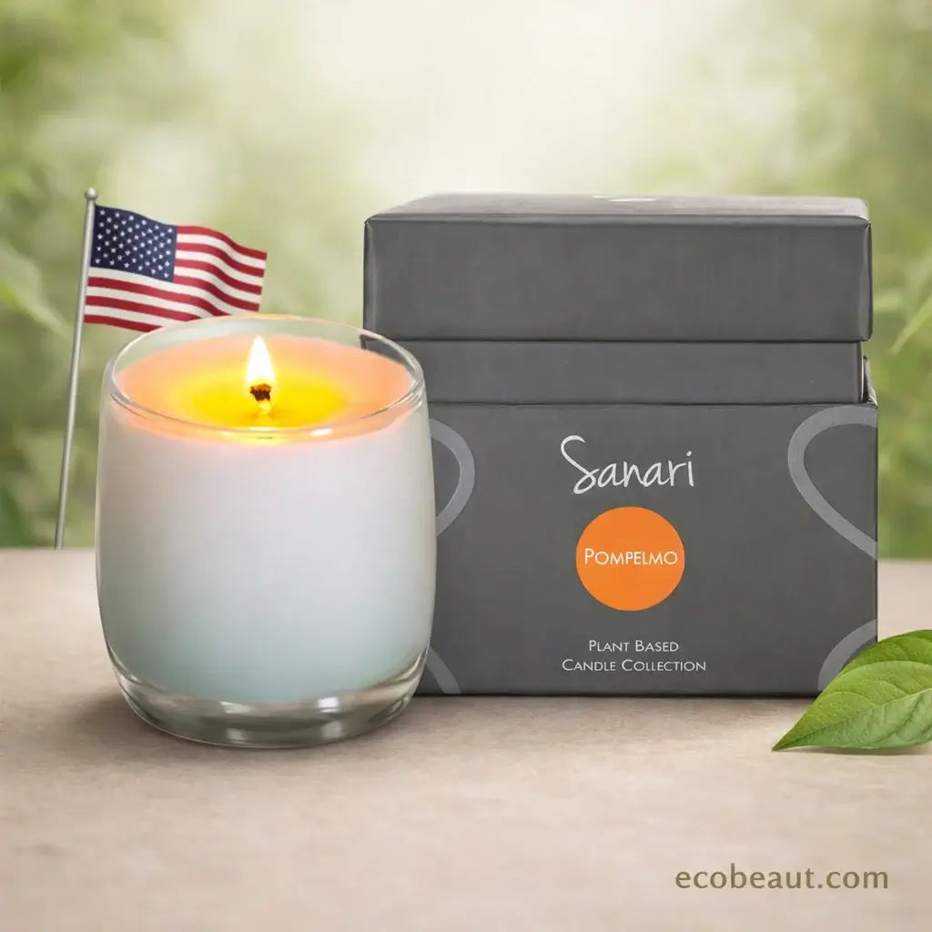 Sanari pomelo candle with packaging and American flag on a blurred natural background