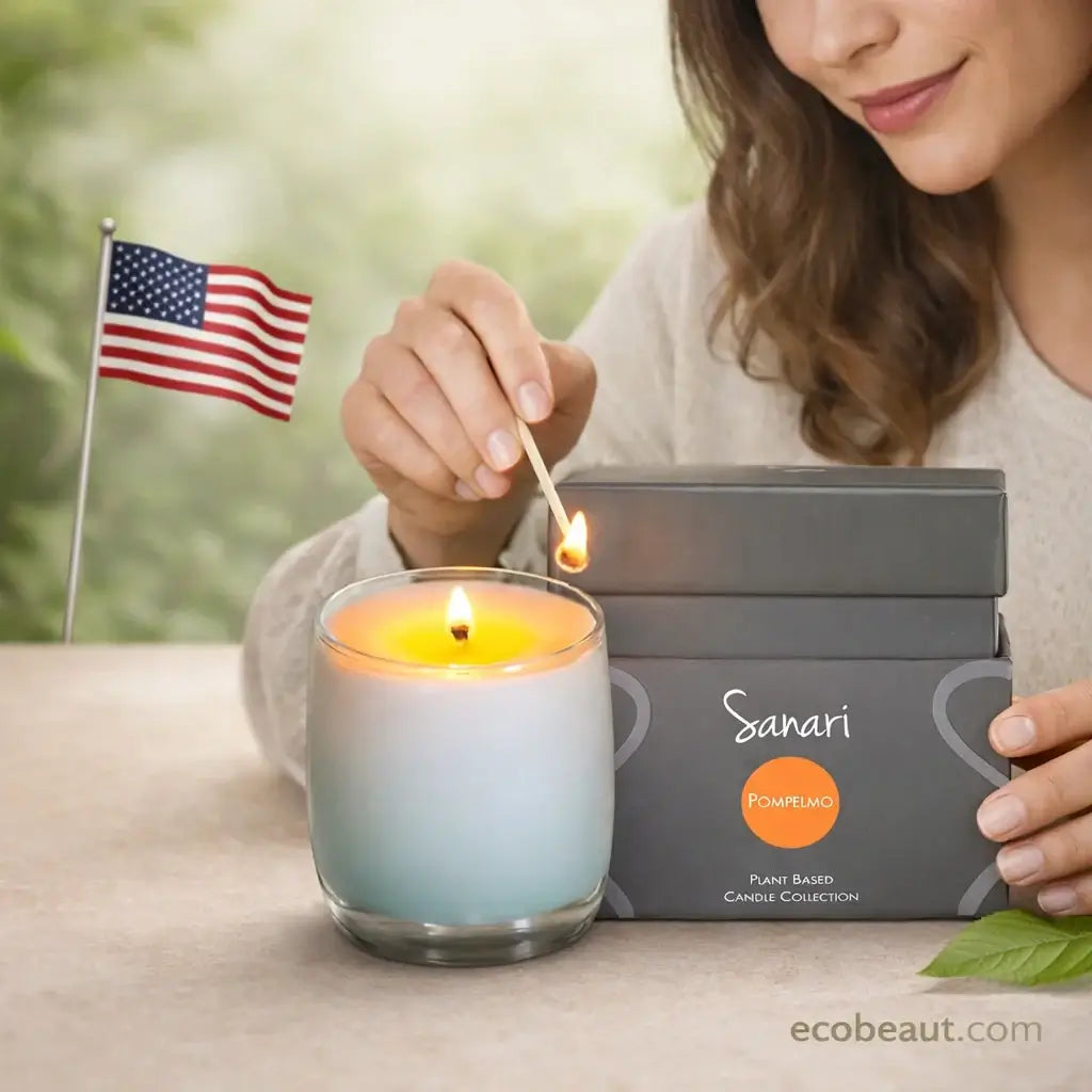 Woman lighting a candle with a match, next to a 'Sanari' candle box and an American flag.