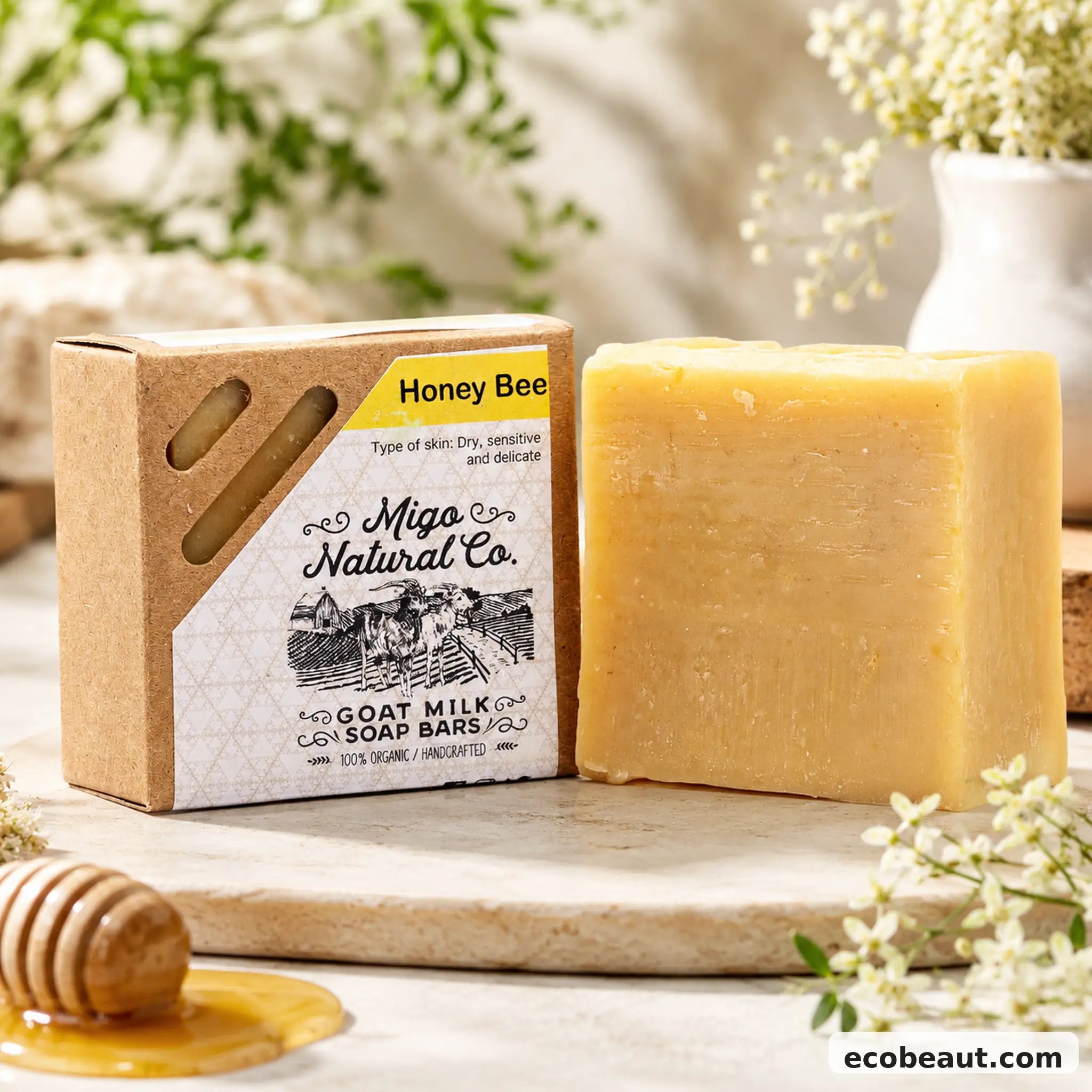 A bar of Migo Natural Co. Honey Bee Goat Milk Soap is displayed next to its kraft paper packaging box on a wooden board, with a honey dipper and soft floral background props.