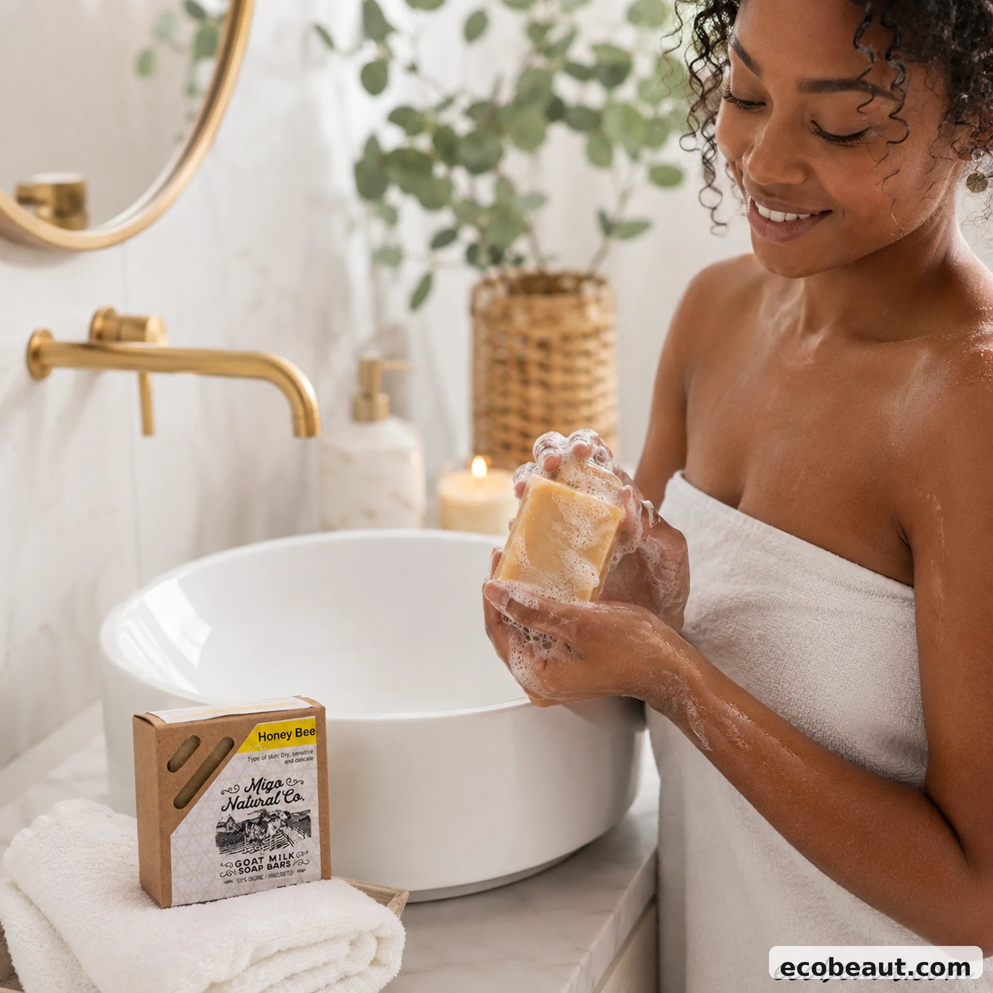 A woman wrapped in a white towel washes a bar of soap in a bright bathroom setting with a white sink, gold faucet, and a box of soap on a towel in the foreground.